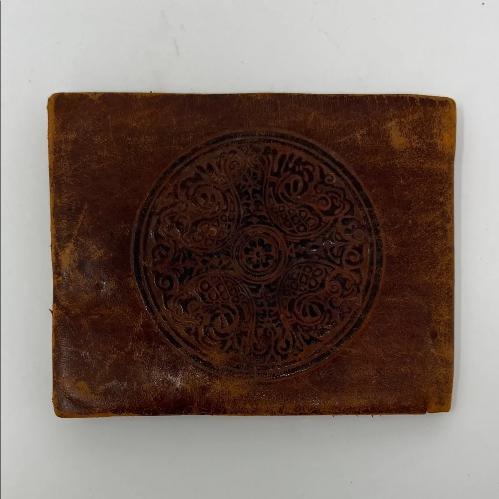 Vintage Hand tooled leather bifold boho wallet medallion design